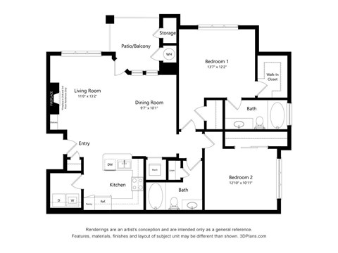 Floor plan for 2 beds, 2 baths, 1213 sqft